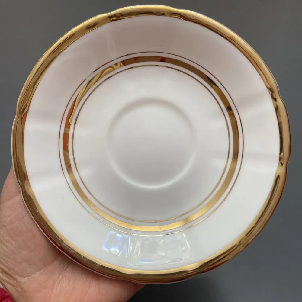 NTG CROWNFORD Bone China Tea Cup & Saucer White Gold Pattern Trim England 2 sets